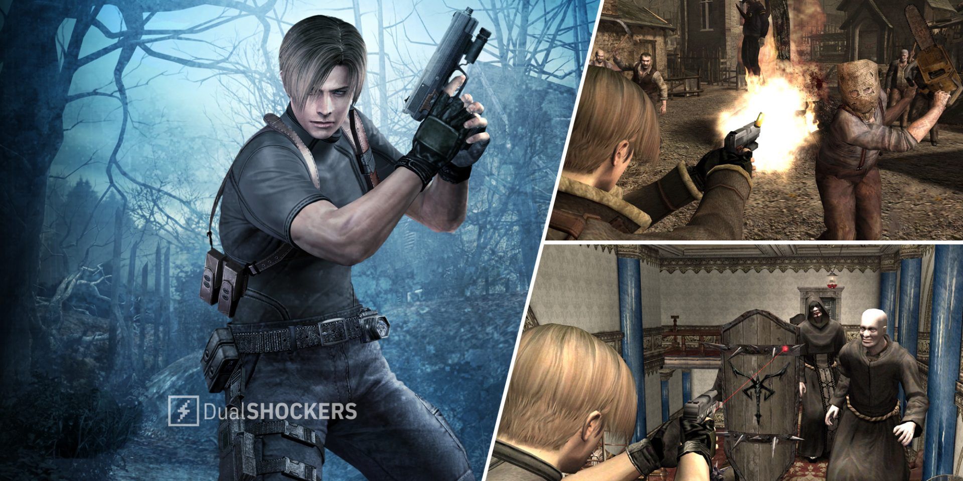 Resident Evil 4 Leon on left, Resident Evil 4 Leon shooting enemies on top and bottom right