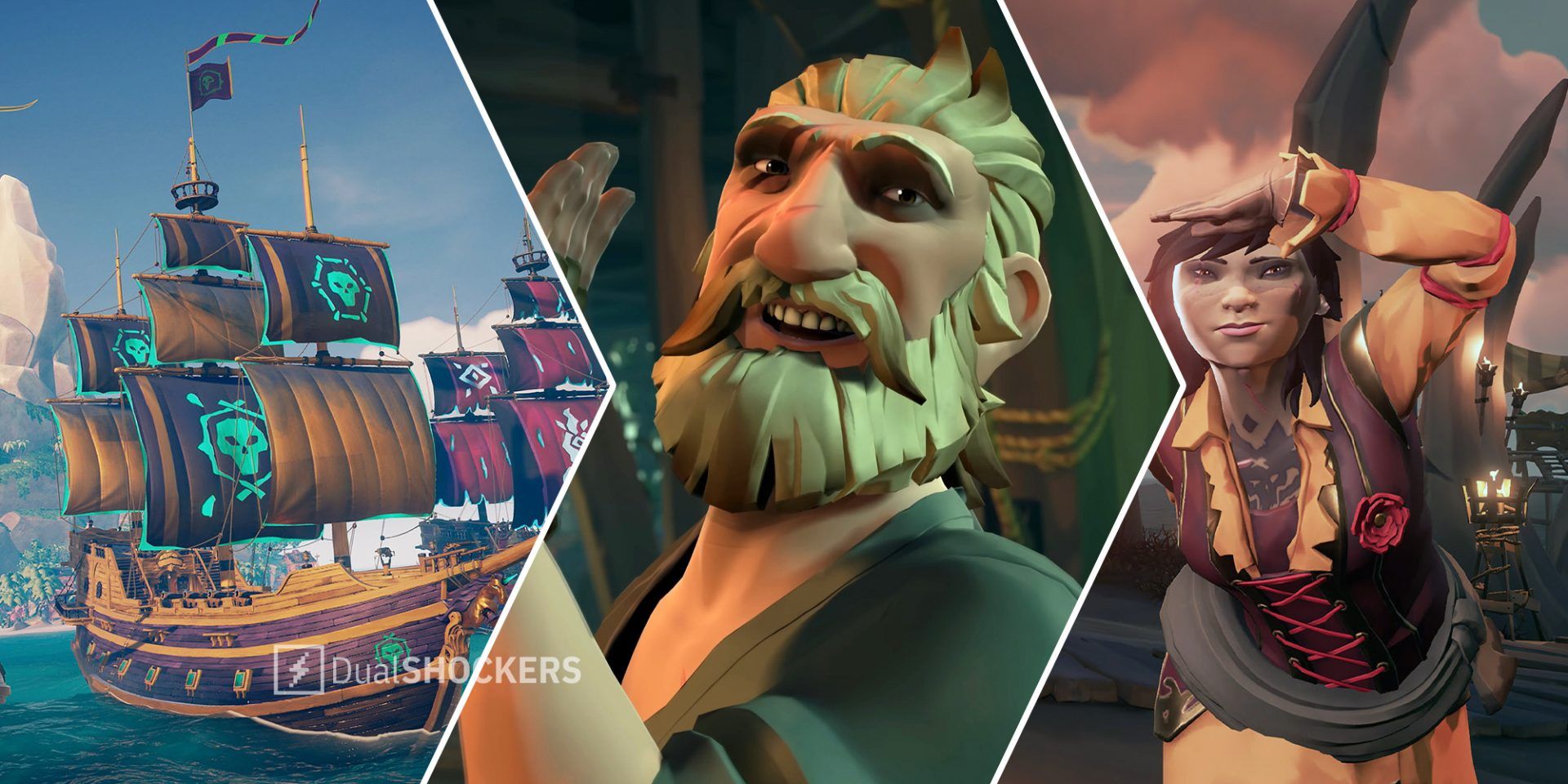 Sea of Thieves ships sailing on left, Sea of Thieves season 7 in middle, pirate looking at the horizon on a ship on right