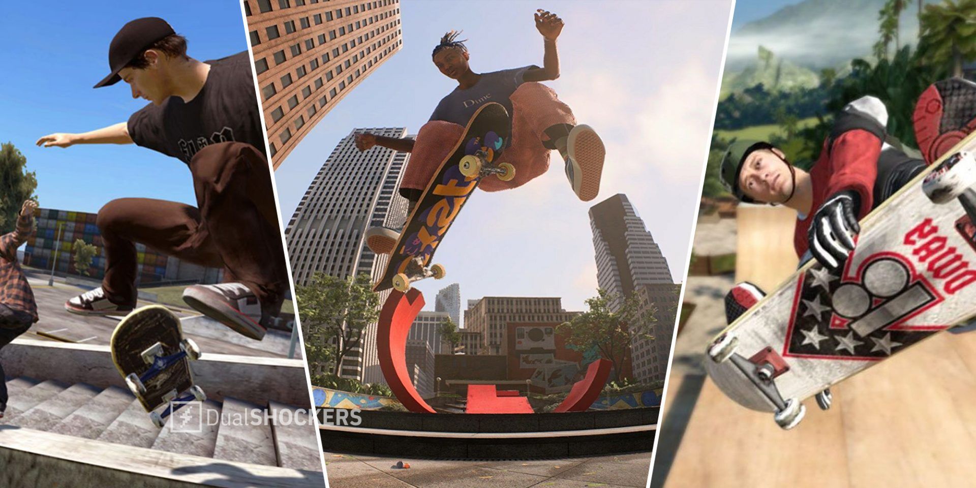 Skate 3 player doing a trick on left, Skate 4 gameplay in middle, Skate 3 player on a vert ramp on right