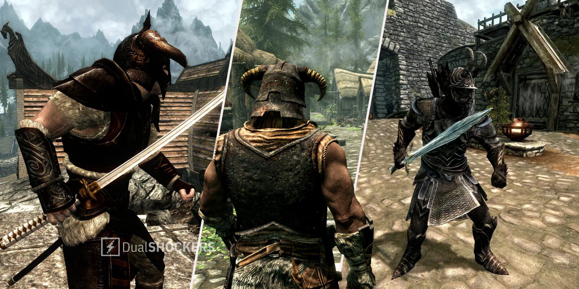 Skyrim player with sword on left, Skyrim Dovahkiin in middle, Skyrim player with sword on right