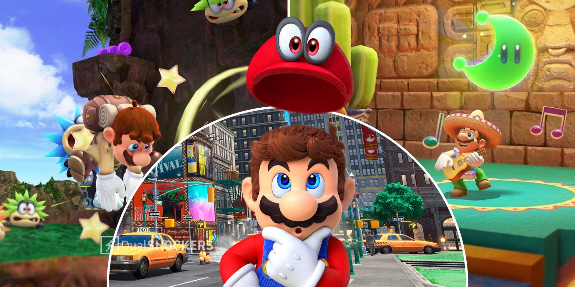 Super Mario Odyssey Mario in Cascade Kingdom on left, Mario in New Donk City in middle, Mario in Sand Kingdom on right