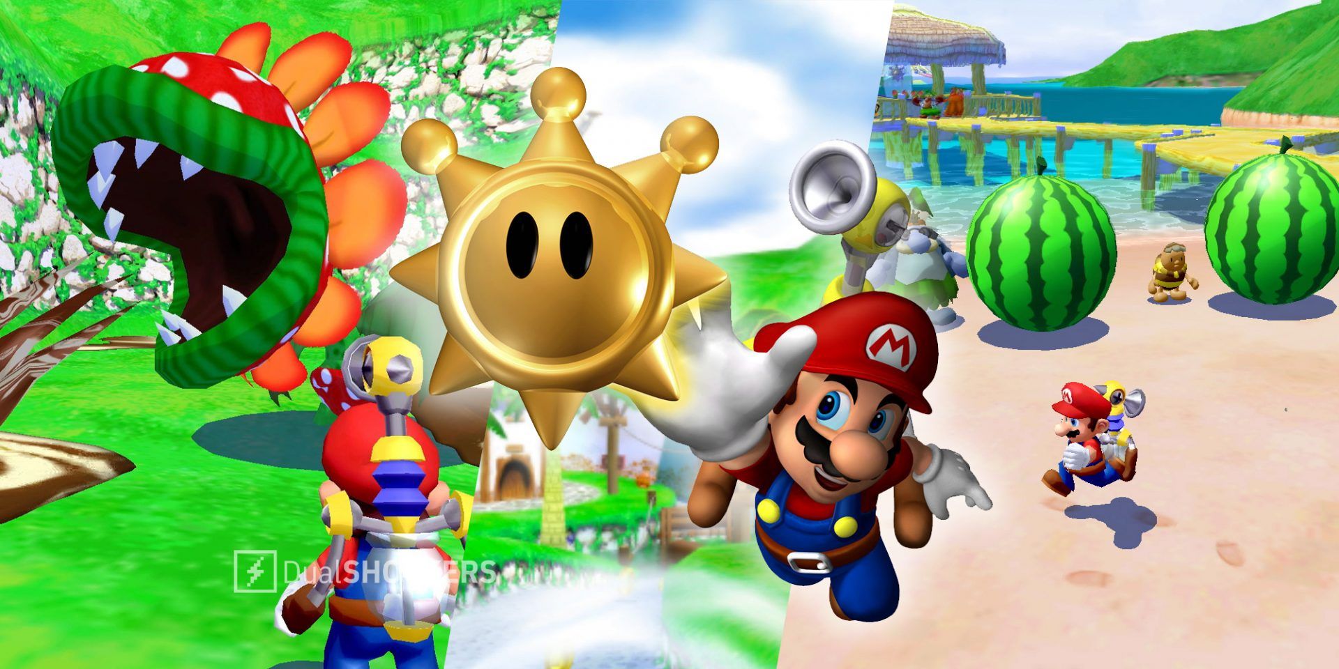 Super Mario Sunshine Mario and Petey Piranha on left, Mario with a Shine in middle, Mario with watermelons on right
