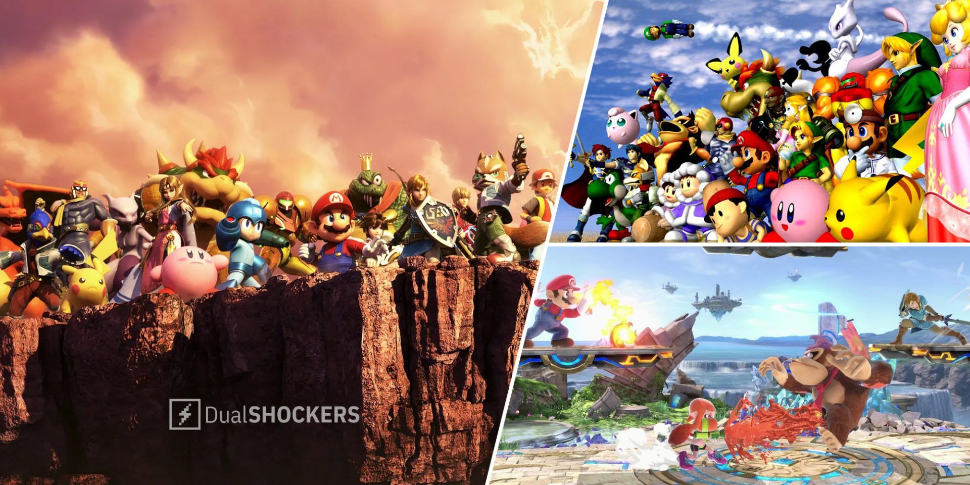 Super Smash Bros Ultimate characters on left, Super Smash Bros Melee on top right, Super Smash Bros Ultimate Splatoon girl, Mario, and Donkey Kong battle screenshot on bottom right