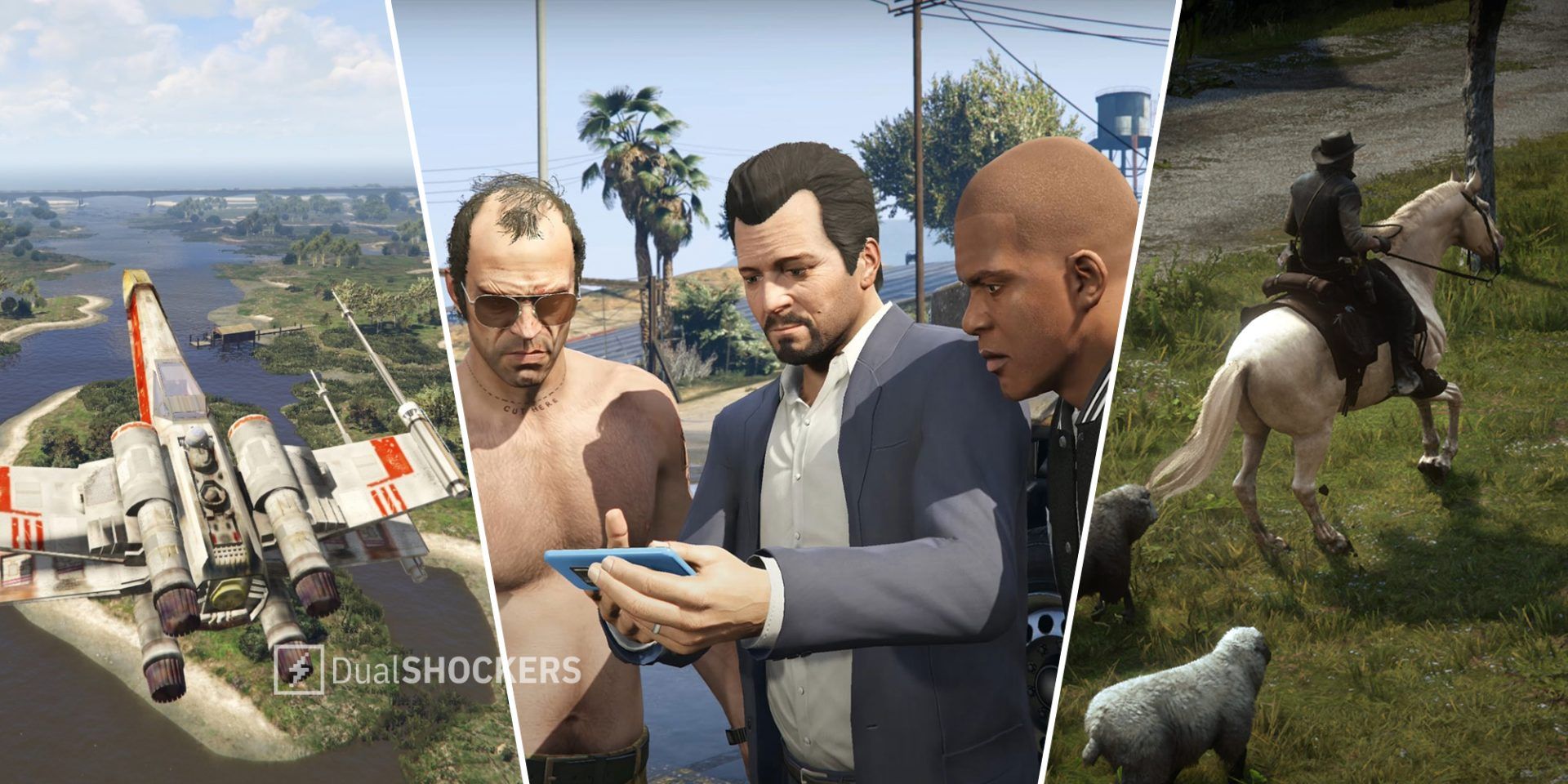 Grand Theft Auto 5 Star Wars x-wing mod on left, GTA 5 characters looking at a phone in middle, Red Dead Redemption 2 shepherd mod on right