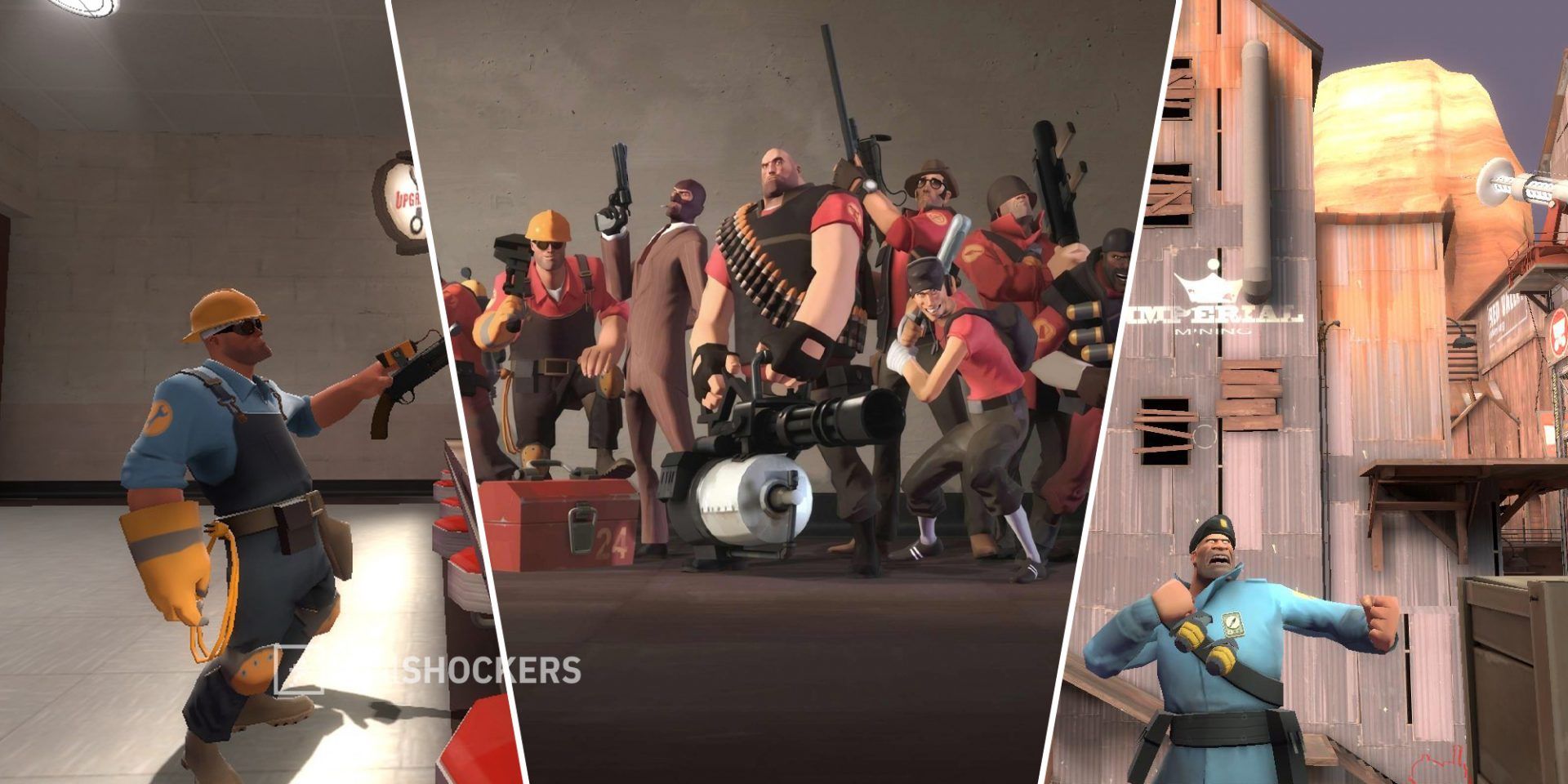 Team Fortress 2 Mann Co Store gun rental on left, Team Fortress 2 characters in middle and right