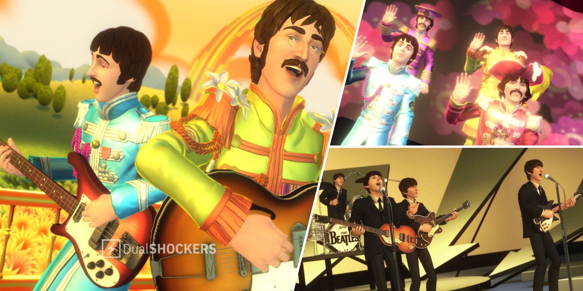 The Beatles in Sgt. Pepper's Lonely Hearts Club Band outfits on left and top right, The Beatles performing on stage on bottom right