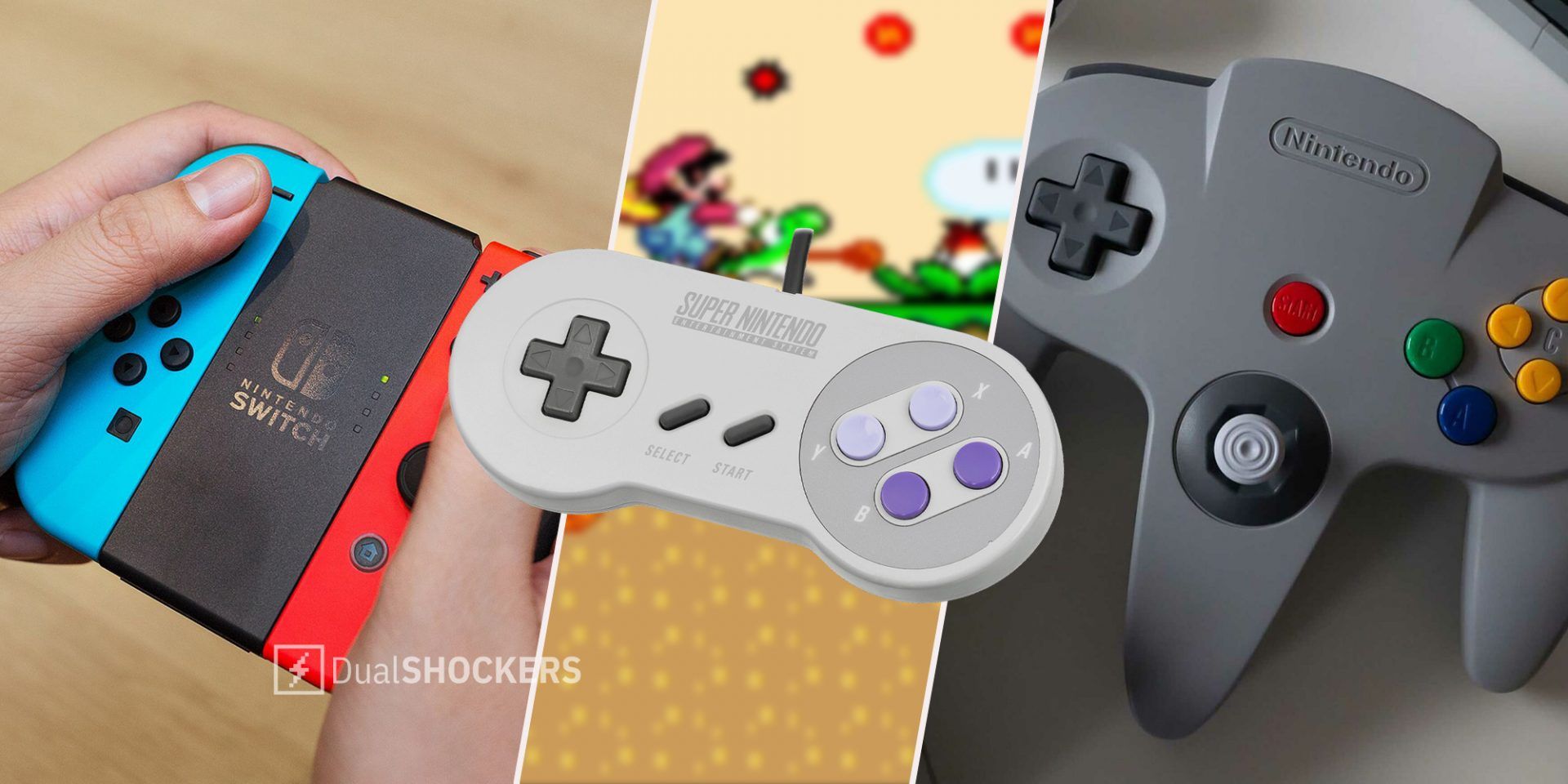 Nintendo Switch joycon controller on left, Super Nintendo controller in middle, Nintendo 64 controller on right