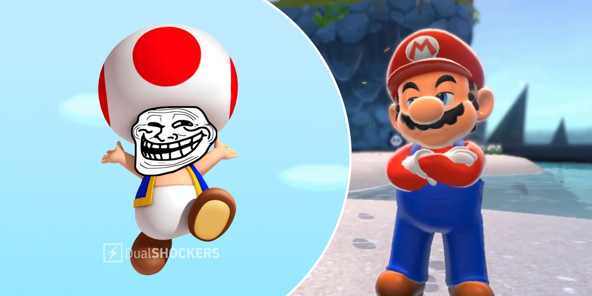 Toad with troll face on left, unimpressed Mario on right