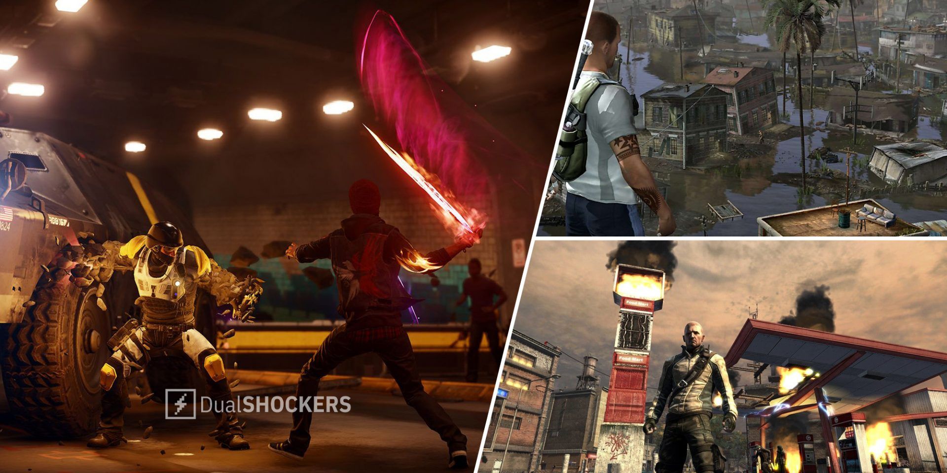 Infamous 2 Cole MacGrath with laser sword fighting an enemy on right, Cole MacGrath looking over landscape on top right, Cole MacGrath on bottom right
