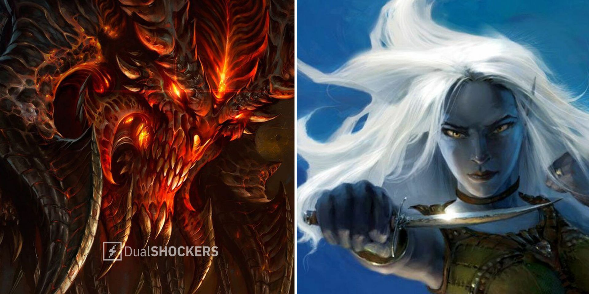 Diablo 3 demon promo art on left, Baldur's Gate: Dark Alliance 2 on right