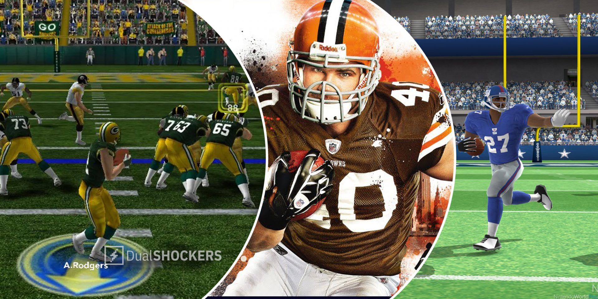 Madden 12 Green Bay Packers screenshot, Madden 12 Peyton Hillis cover art in middle, player with football on right
