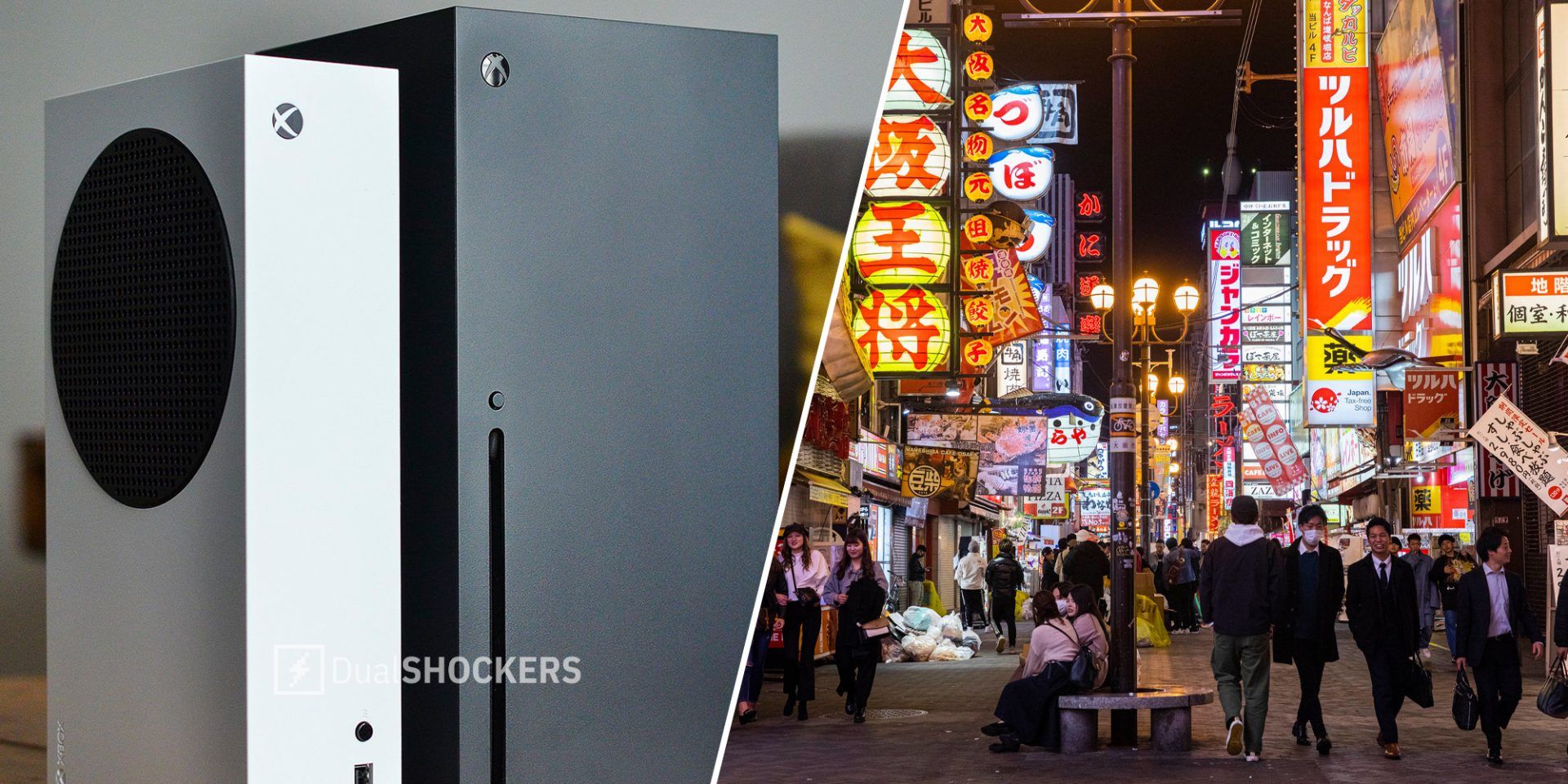 Xbox Series X and Series S on left, busy street in Japan on right