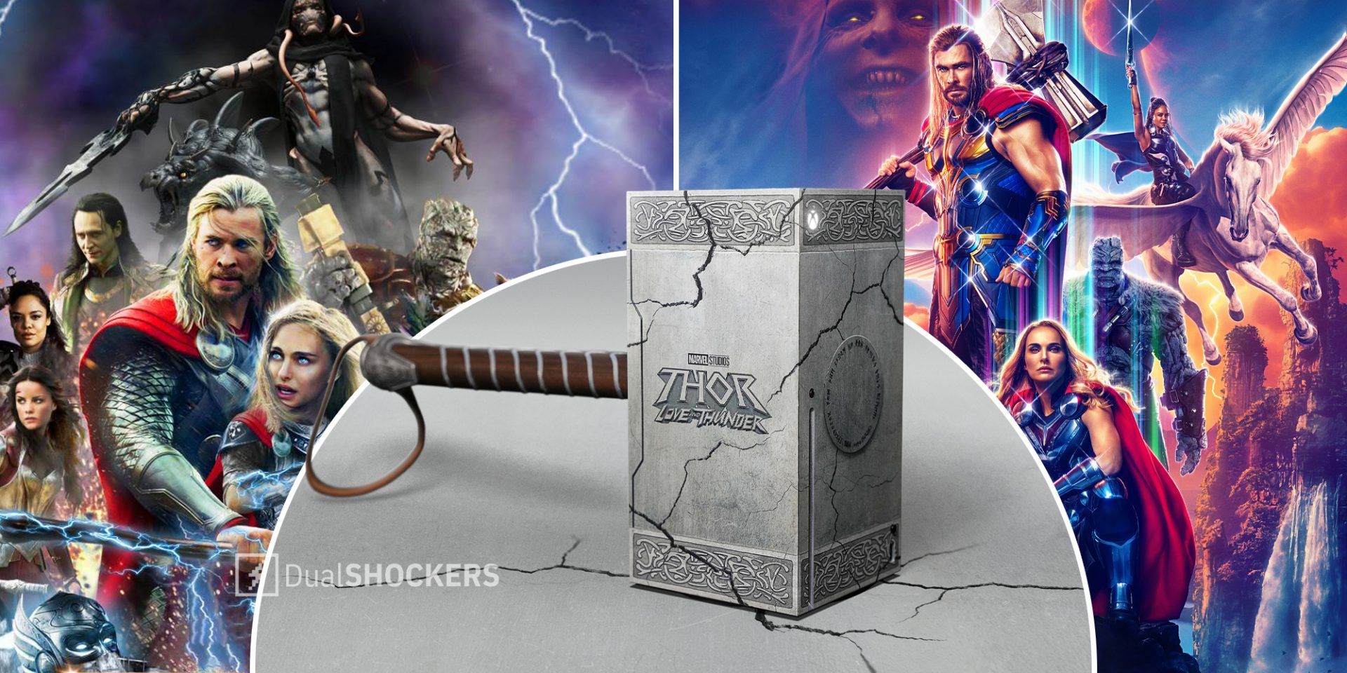 Thor: Love And Thunder promo image with all characters on left and right, Xbox Series X special Thor edition in middle