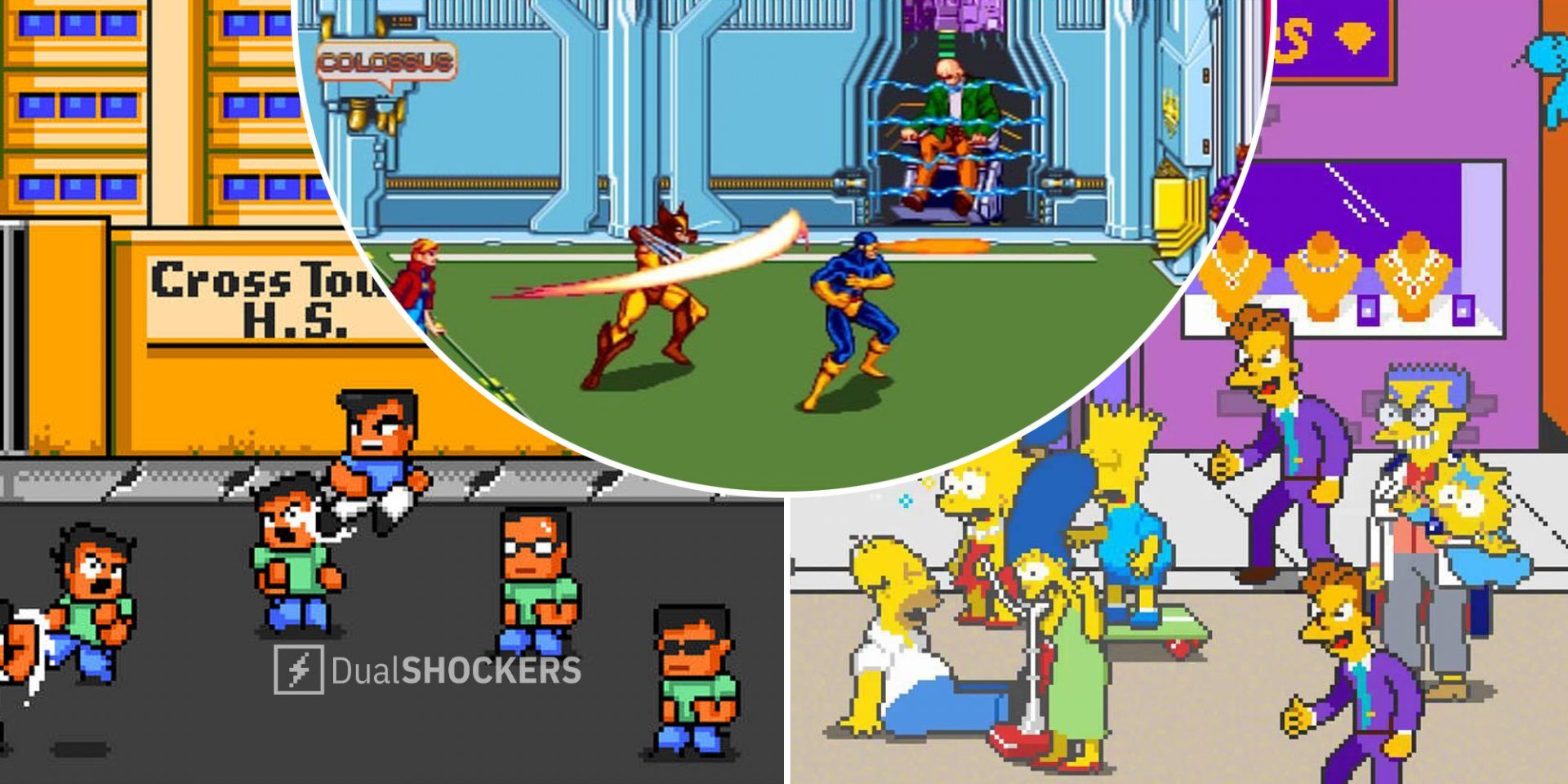 River City Ransom on left, X-Men The Arcade Game in middle, The Simpsons Arcade Game on right