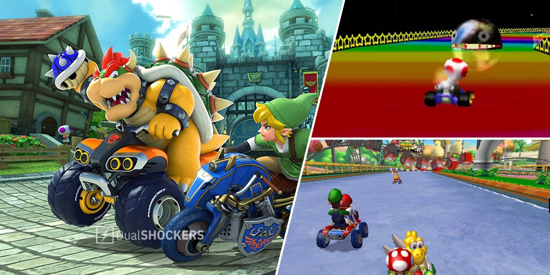 Hyrule Circuit - Mario Kart 8 Deluxe on left, Rainbow Road - Mario Kart 64 on top right, Baby Park - Mario Kart Double Dash on bottom right