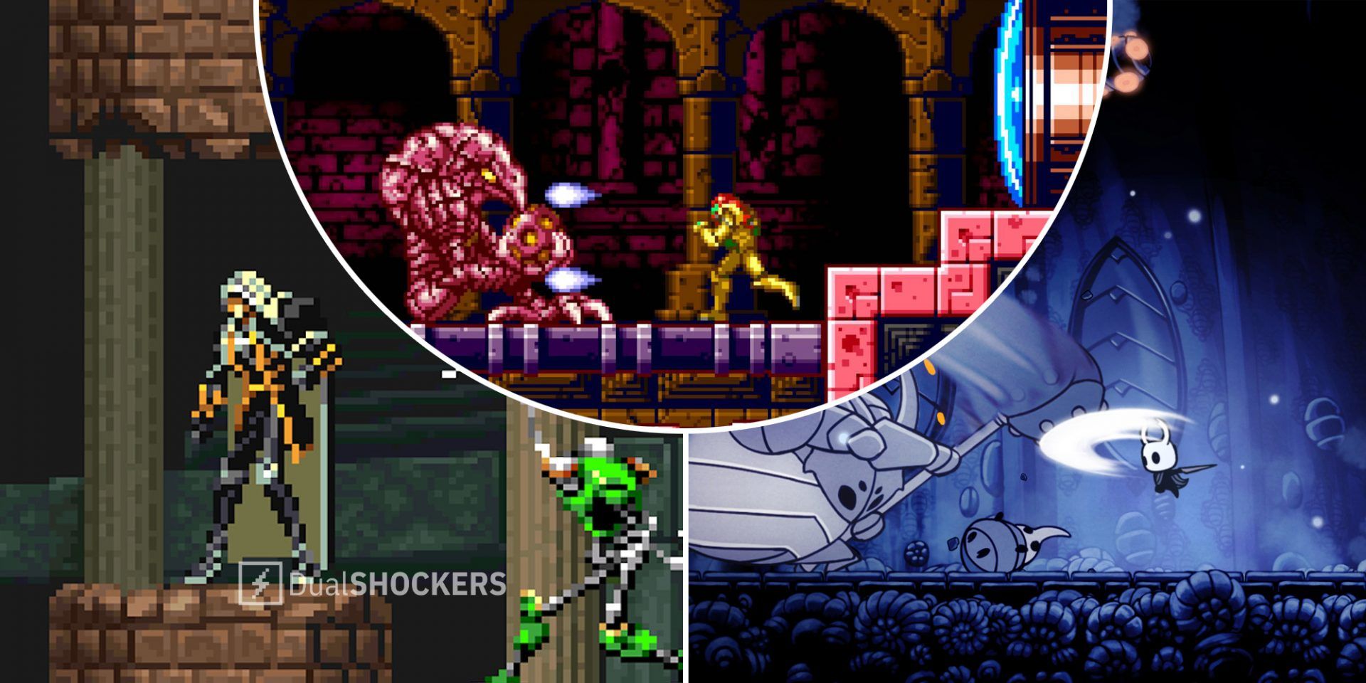 Castlevania: Symphony of the Night on left, Metroid: Zero Mission in middle, Hollow Knight on right