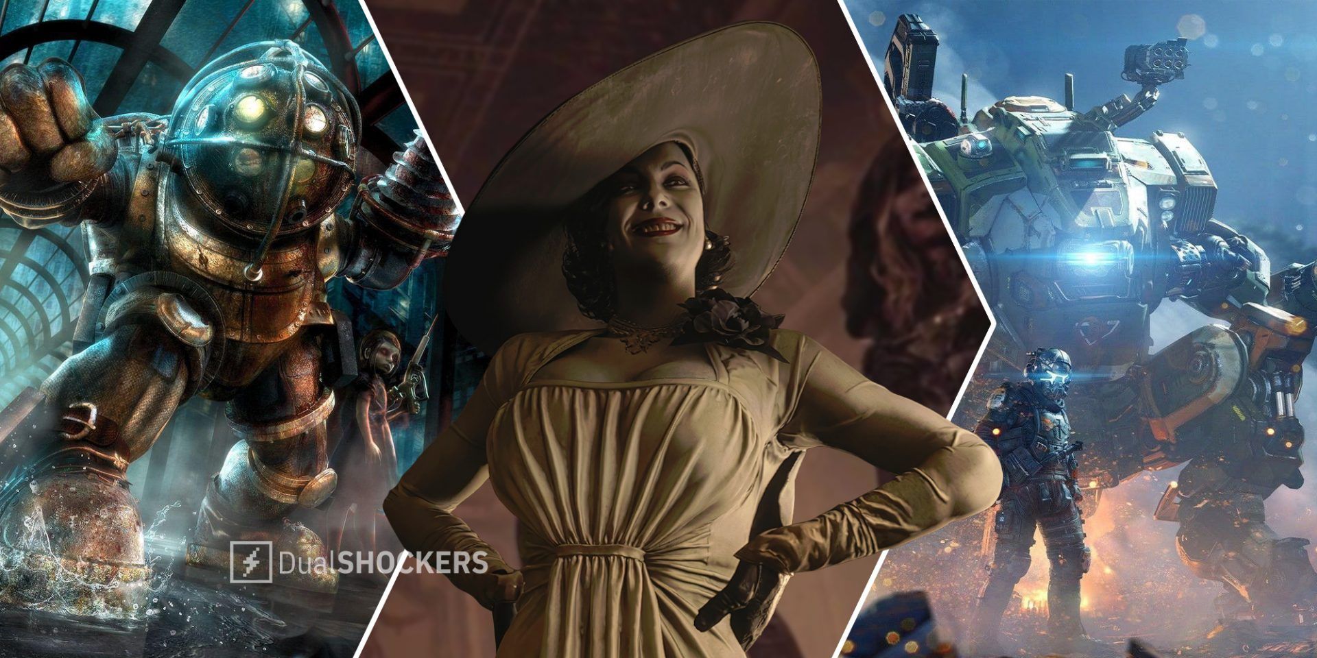 Bioshock Big Daddy on left, Resident Evil Village Lady Dimitrescu in middle, Titanfall 2 promo image on right