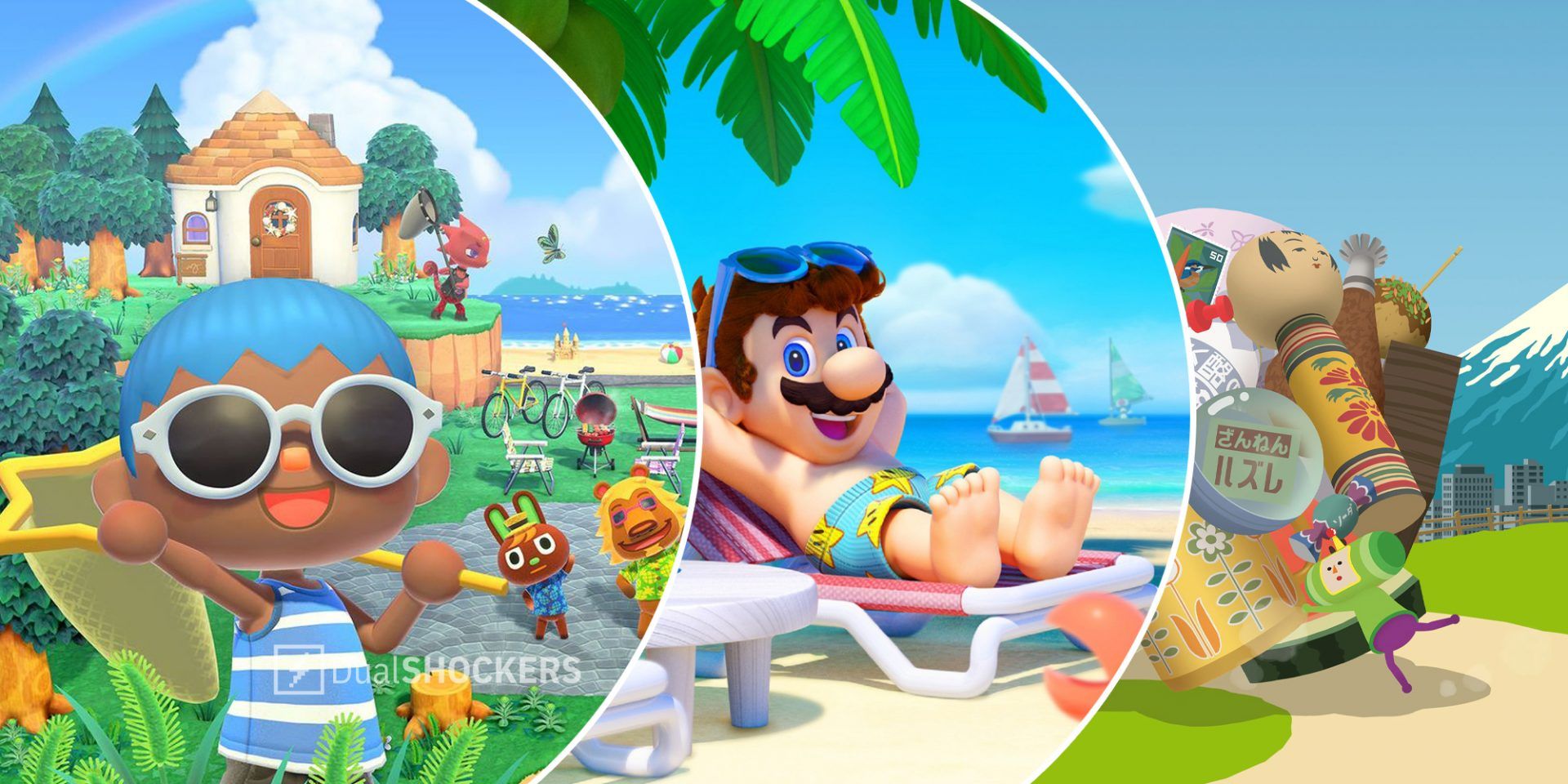 Animal Crossing New Horizons on left, Super Mario Sunshine in middle, Katamari Damacy on right
