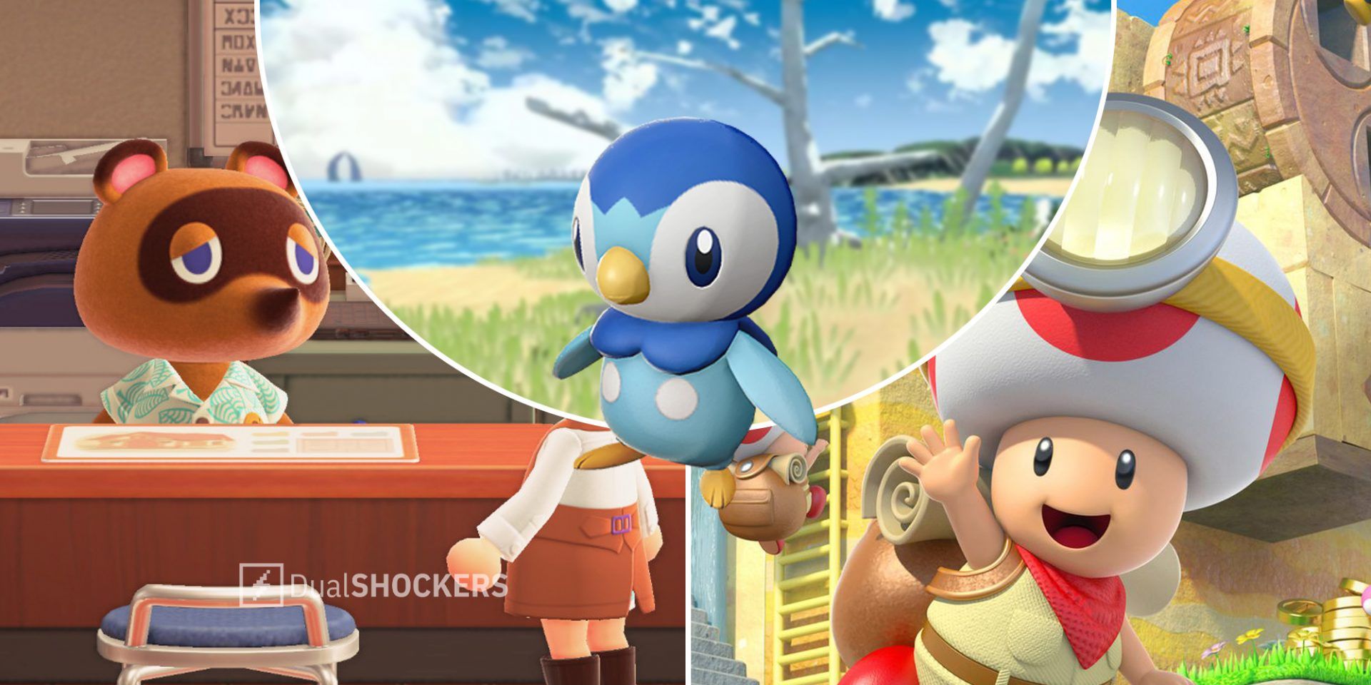 Animal Crossing New Horizons Tom Nook on left, Pokemon Legends Arceus Piplup in middle, Captain Toad Treasure Tracker Toad on right