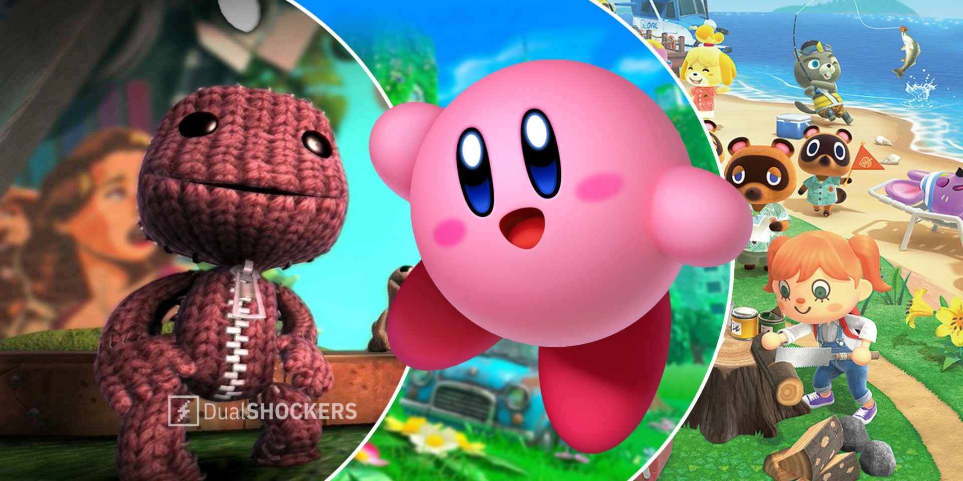 LittleBigPlanet on left, Kirby in middle, Animal Crossing New Horizons on right