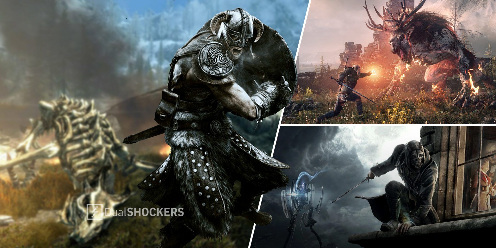 The Elder Scrolls V Skyrim Dovahkiin on left, The Witcher 3: Wild Hunt Geralt on top right, Dishonored Corvo on bottom right