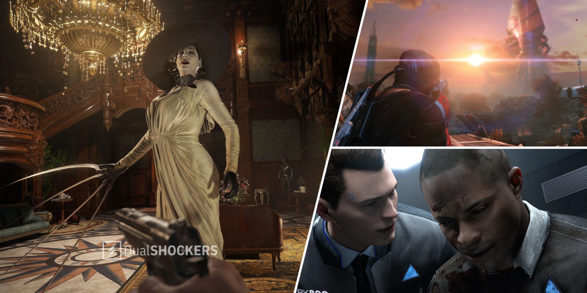 Resident Evil Village Lady Dimitrescu on left, Mass Effect Legendary Edition on top right, Detroit Become Human on bottom right