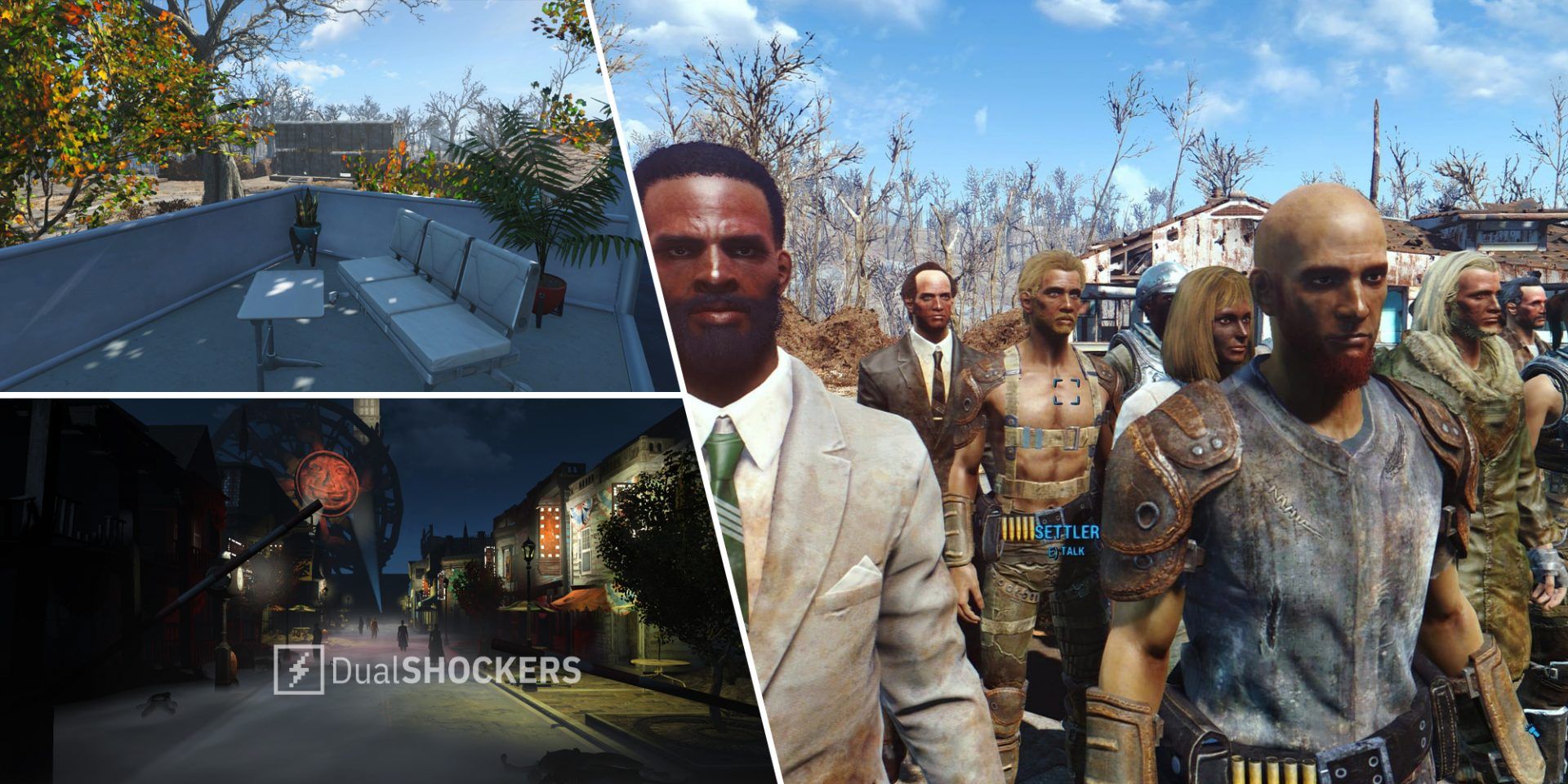Fallout 4 mod Homemaker - Expanded Settlements on top left, Maxwell's World mod on bottom left, Better Settlers mod on right