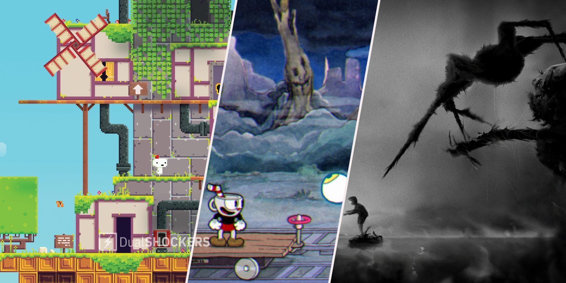 Fez on left, Cuphead in middle, Limbo on right
