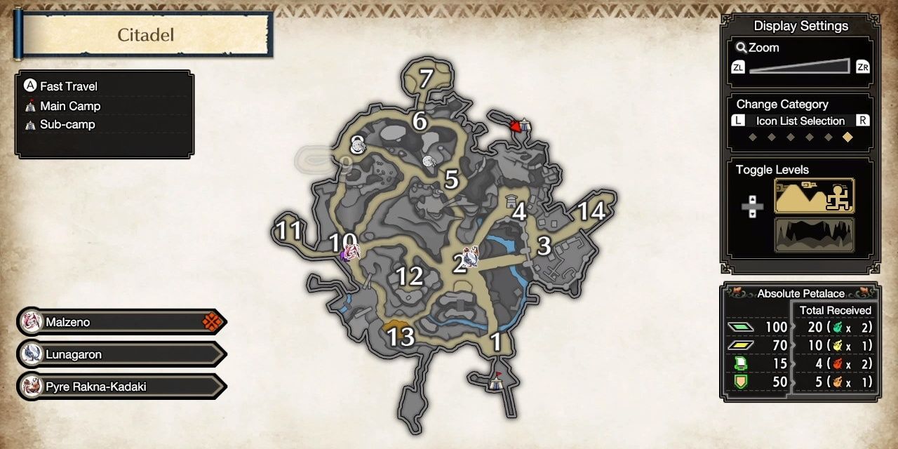 A map of the Citadel with the player icon near the sub-camp, and the icons of the Snowbeetles revealed in Monster Hunter Rise: Sunbreak.