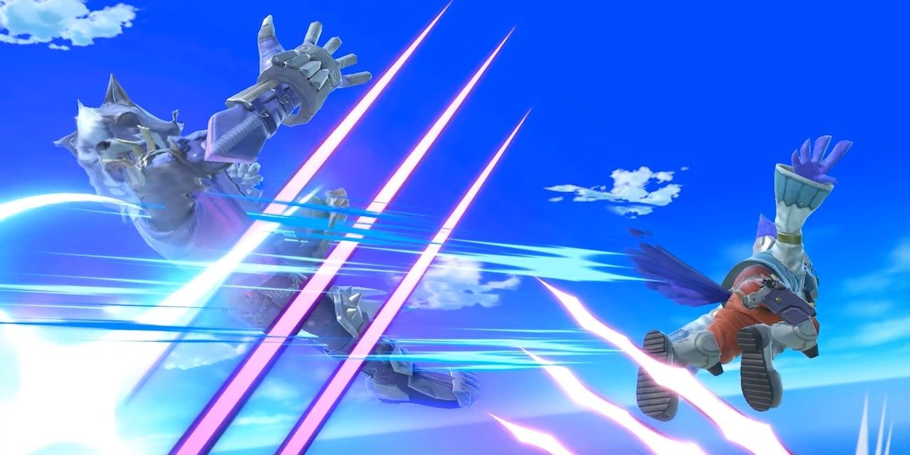 A cinematic shot of Falco and Wolf clashing with their Side Specials in the opening movie of Super Smash Bros. Ultimate