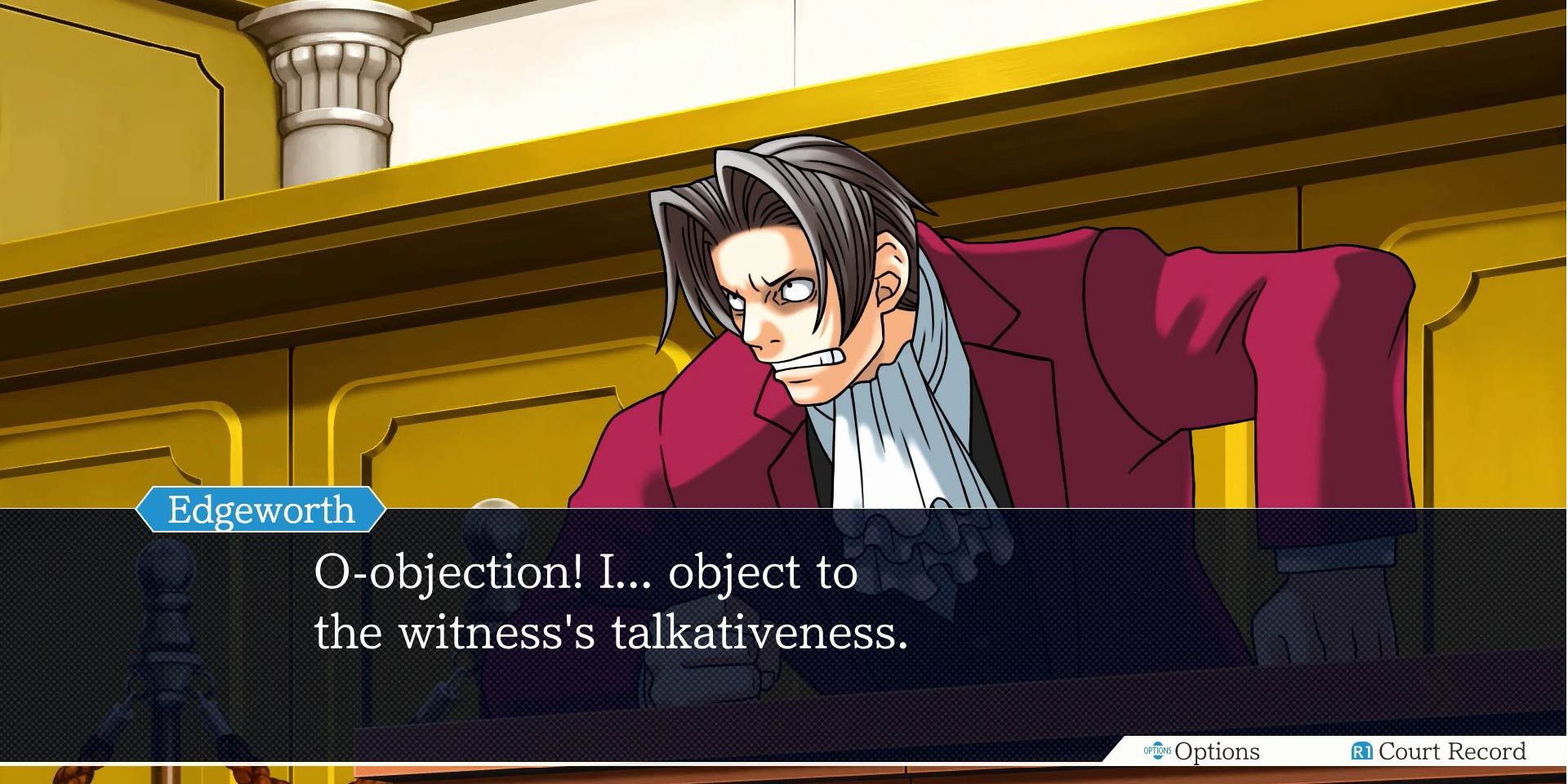 Miles Edgeworth from Ace Attorney raising an objection while flustered.