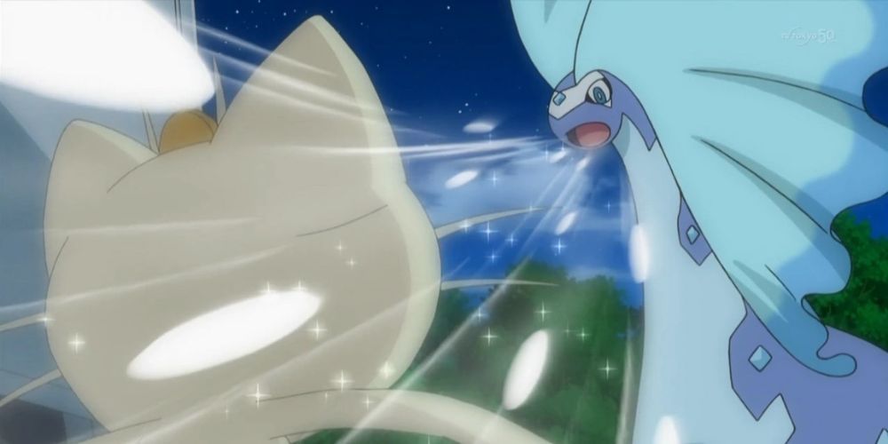 Aurorus fighting Meowth in the Pokémon Anime