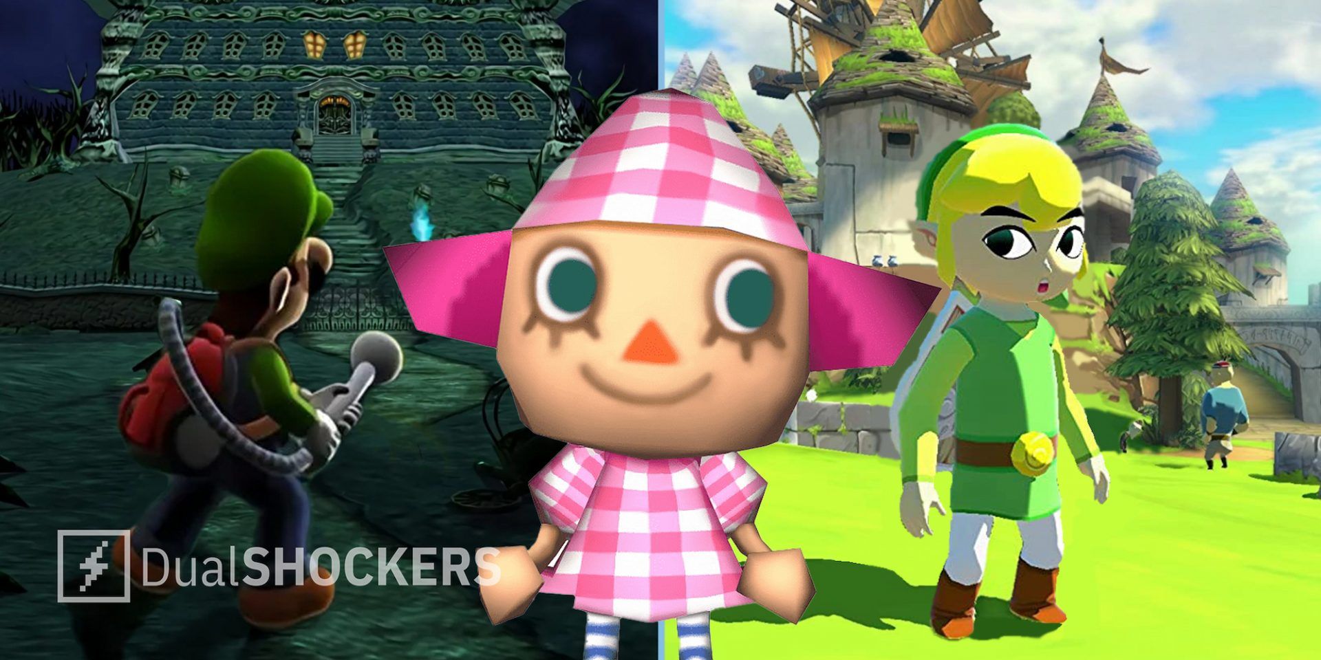 Luigi's Mansion, Animal Crossing Villager, and Link from Wind Waker side by side.