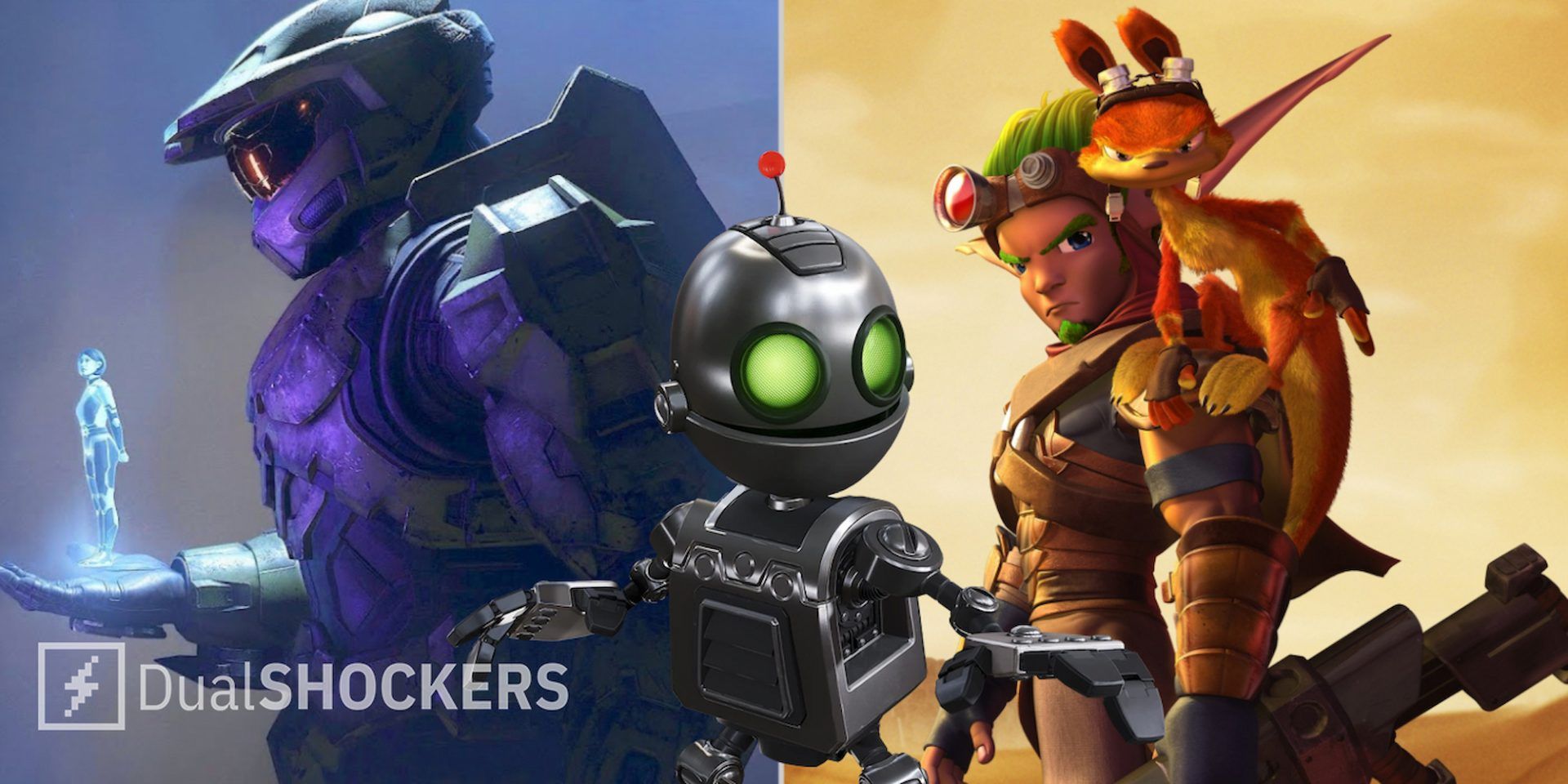 Master Chief and the Weapon, Clank from Ratchet and Clank, and Jak and Daxter side by side.