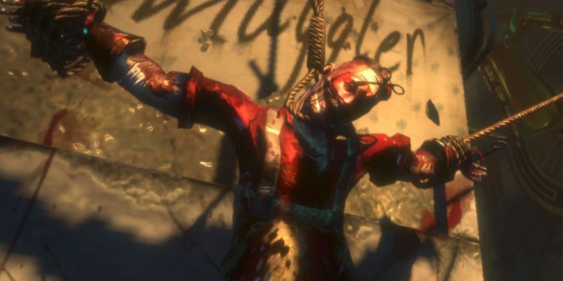 A splicer that has been strung up from BioShock