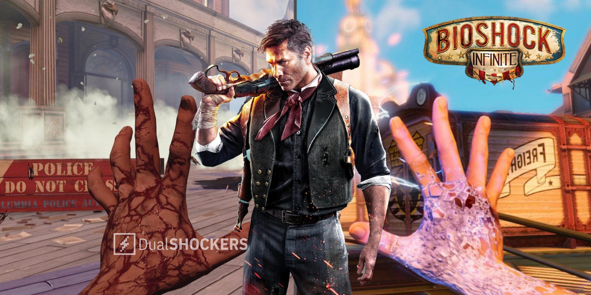 Booker Dewitt from BioShock: Infinite, standing in front of two hands using Vigors in combat.
