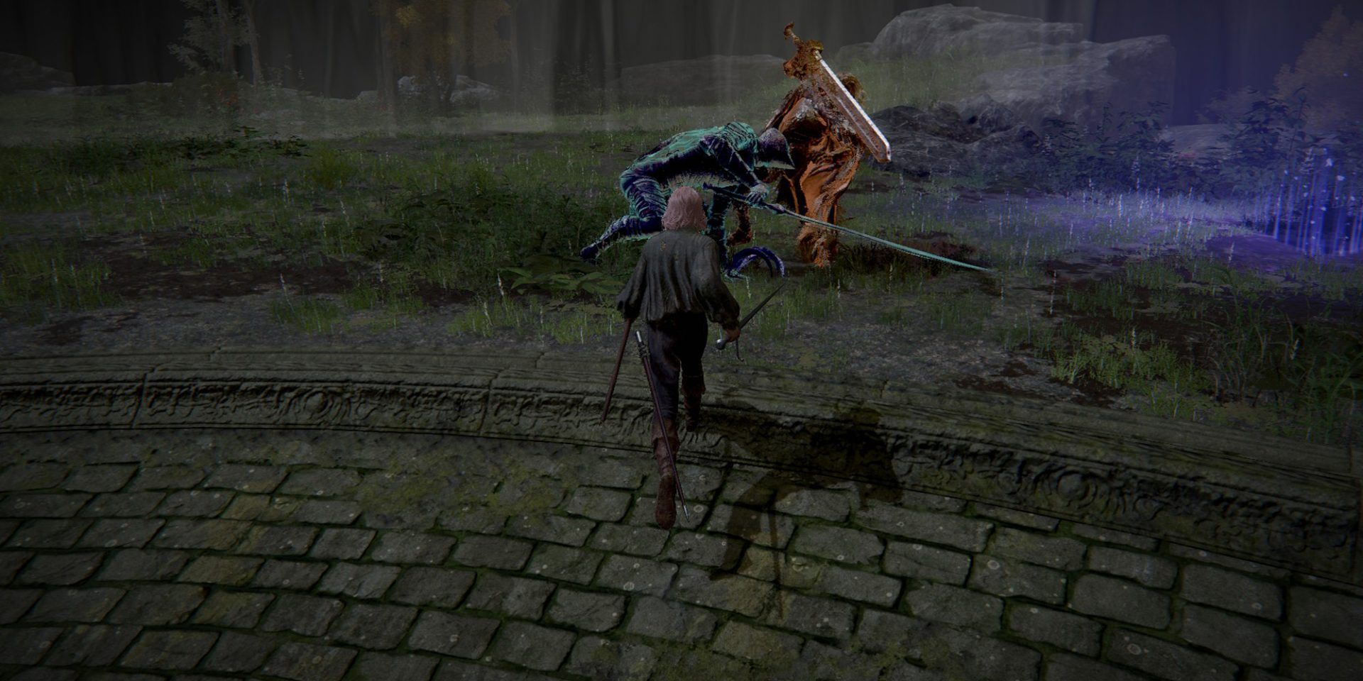 Player in Elden Ring fighting Bloodhound Darriwil with Blaidd