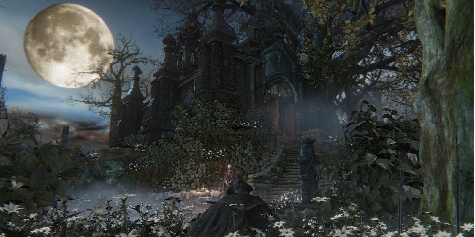 Bloodborne: Hunter Crouched In Front Of Gloomy Mansion