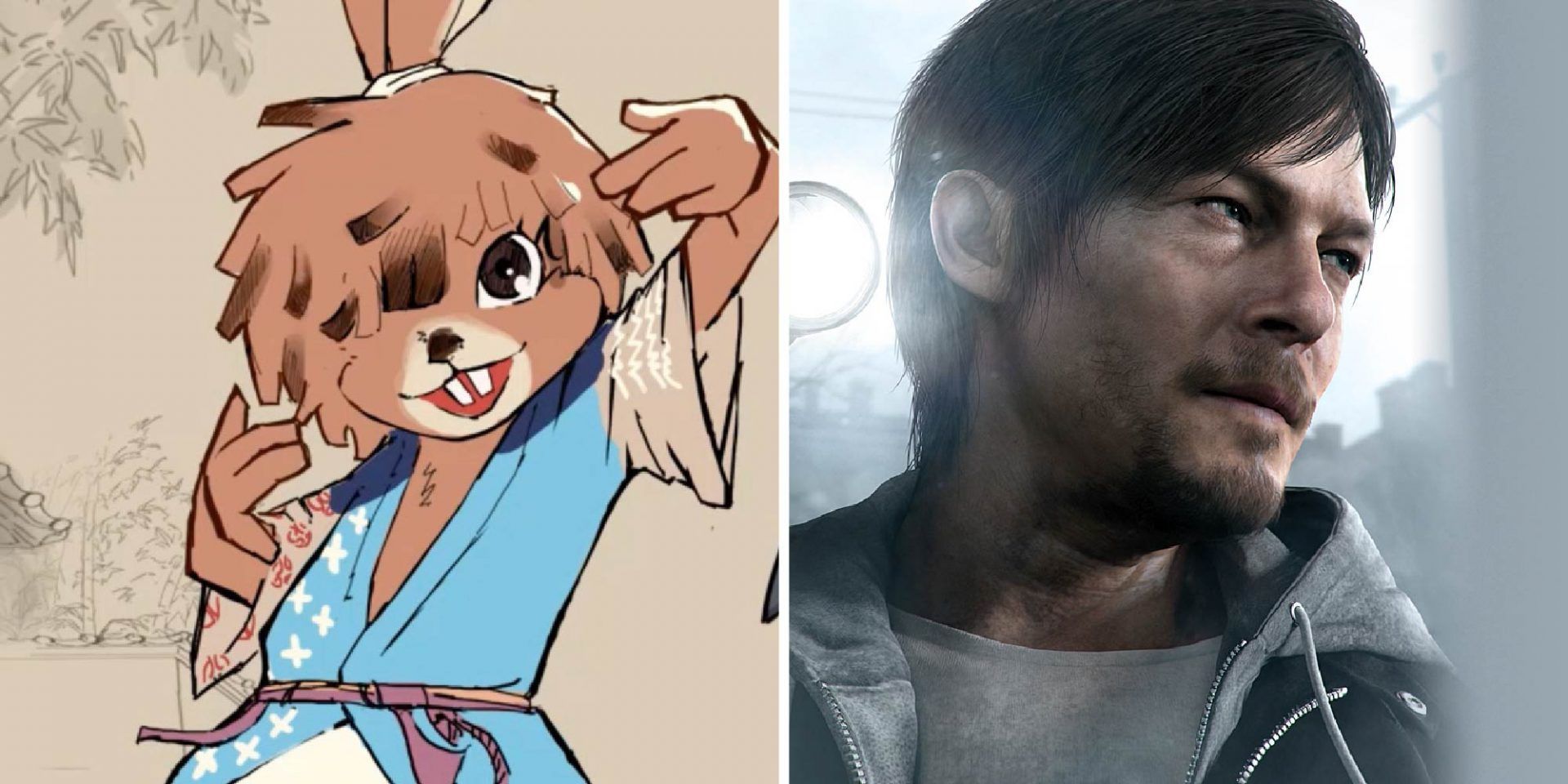 A split image featuring Rap Rabbit and Norman Reedus in Silent Hills.