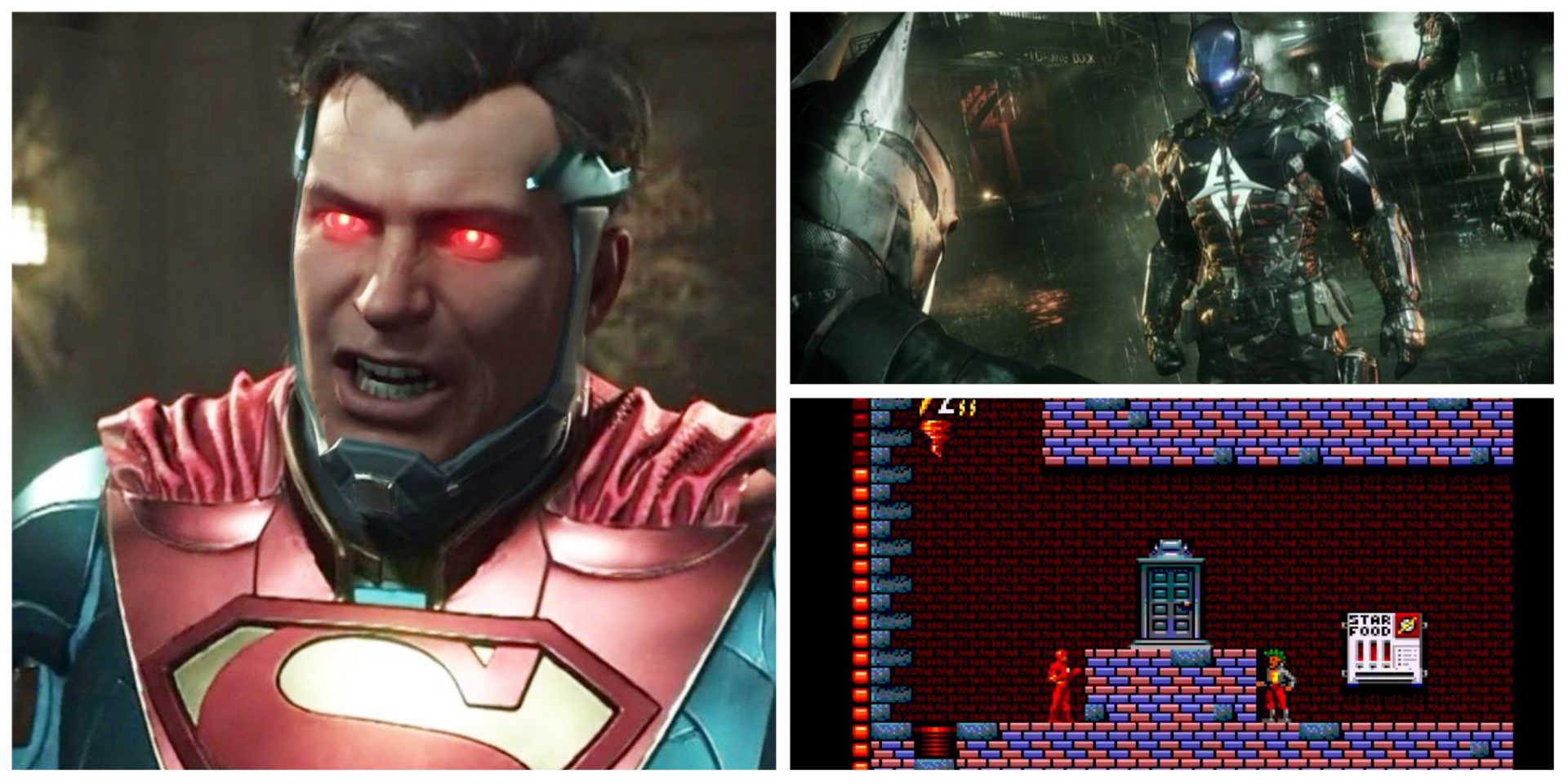 A collage of Superman, Arkham Knight, and The Flash