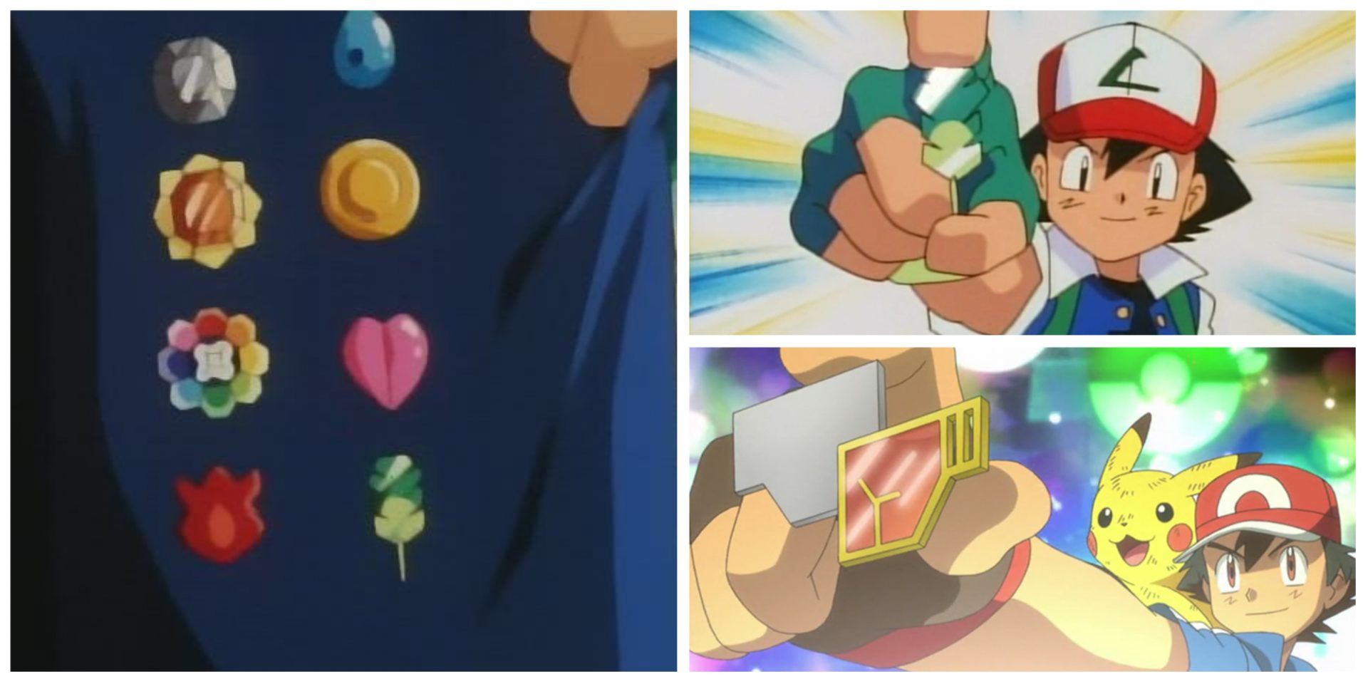 Ash showing off all of his badges