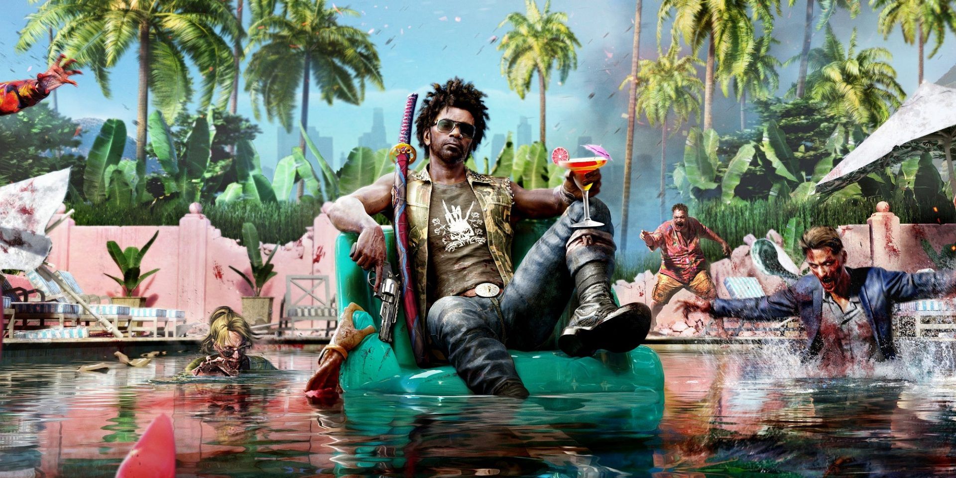 Dead Island 2 With Character Sitting On A Floaty Surrounded By Zombies
