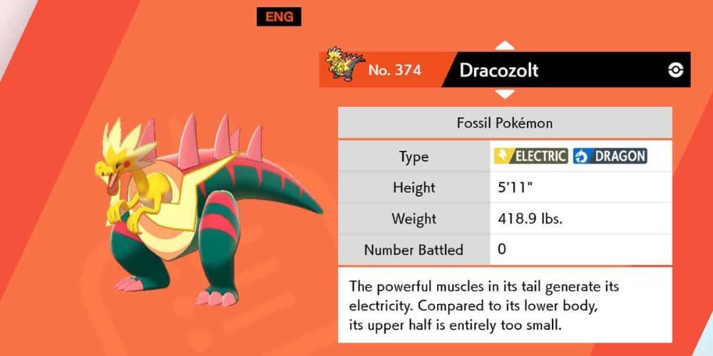 Dracozolt's Pokédex entry in Pokémon Shield