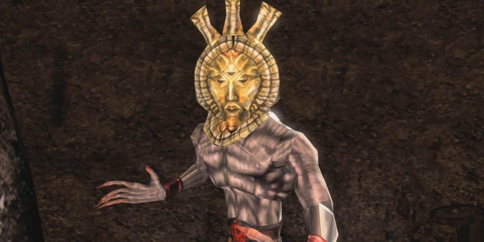 Dagoth Ur from The Elder Scrolls III: Morrowind; a half-naked man with greyish skin and an ornate golden mask.