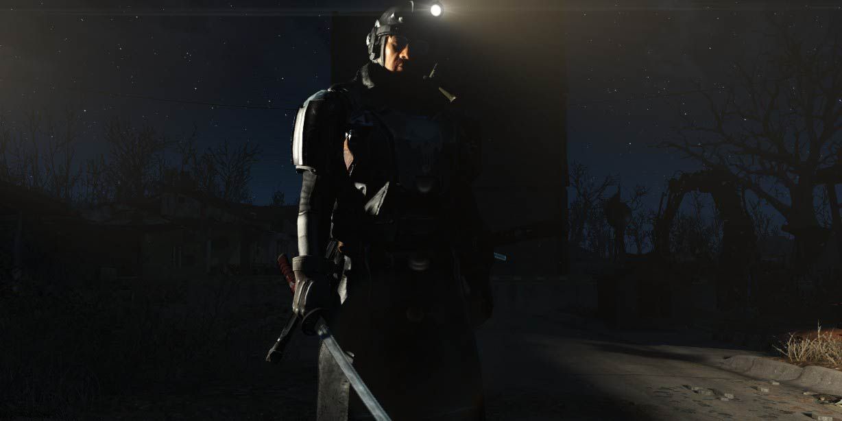 A heavily armored man with a sword on a street at night in Fallout 4.