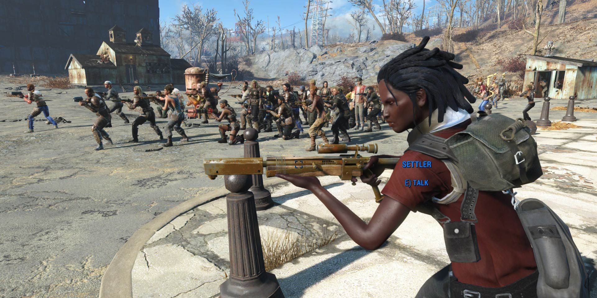 A unique settler in Fallout 4 shooting a gun in front of a horde of other settlers.