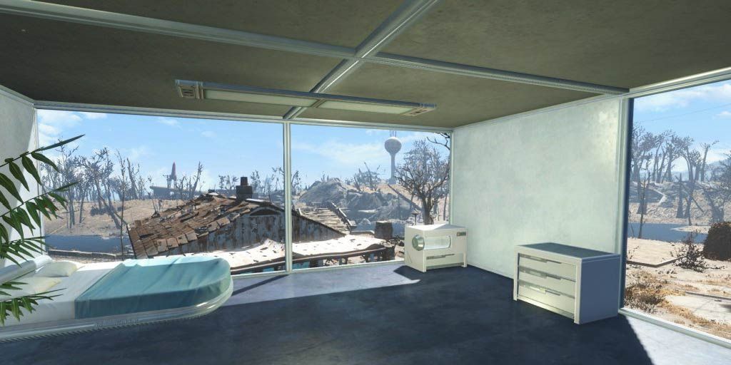 A view of the Commonwealth from within a modern sci-fi style house.