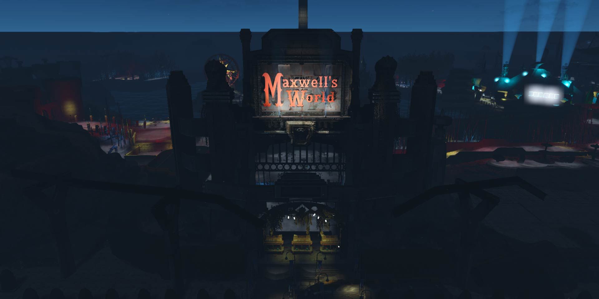 An aerial shot of the spooky Maxwell's World amusement park at night in Fallout 4.