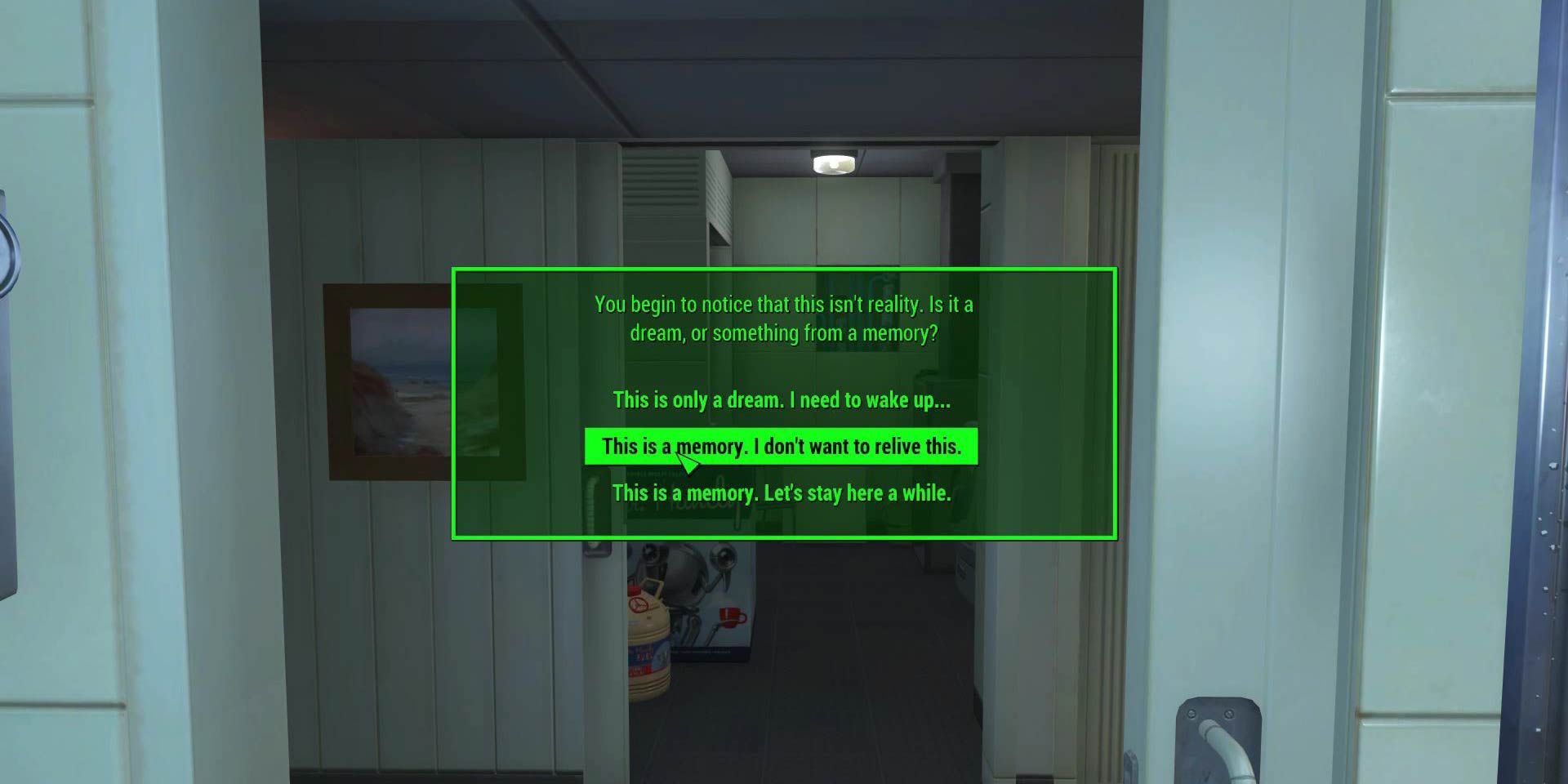 The house from the Fallout 4 intro with a prompt asking the player to pick an alternate start.