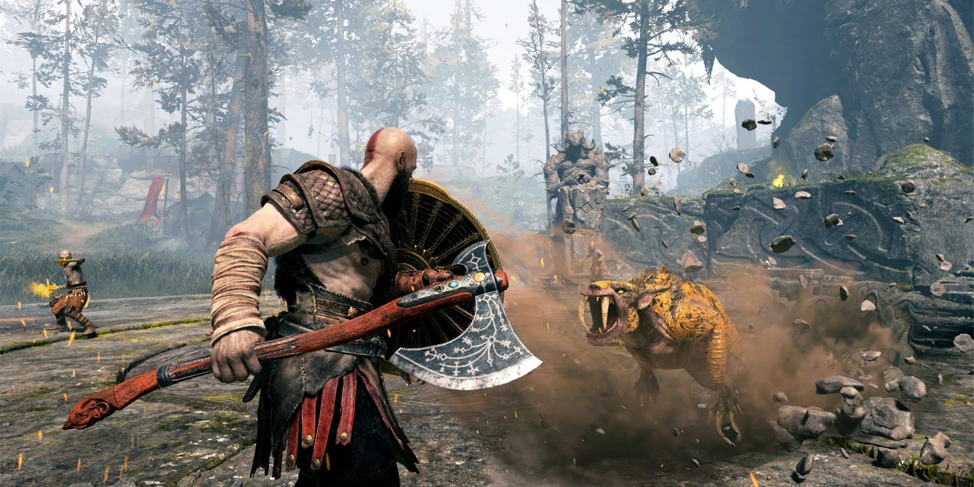 God Of War Kratos Fighting Enemies And Blocking